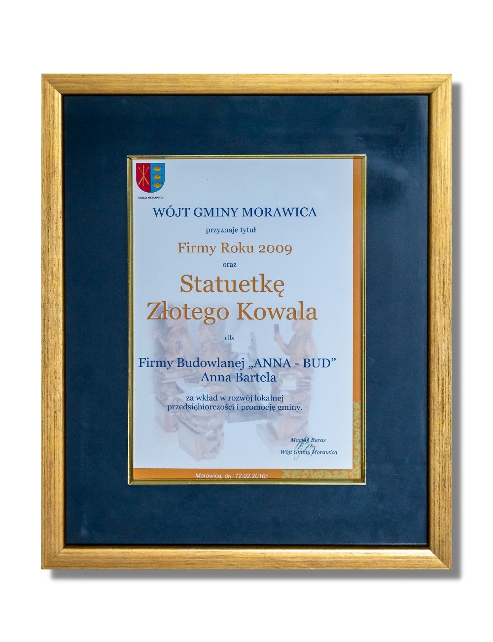 Firma Roku 2009 oraz Statuetka Złotego Kowala, Gmina Morawica.