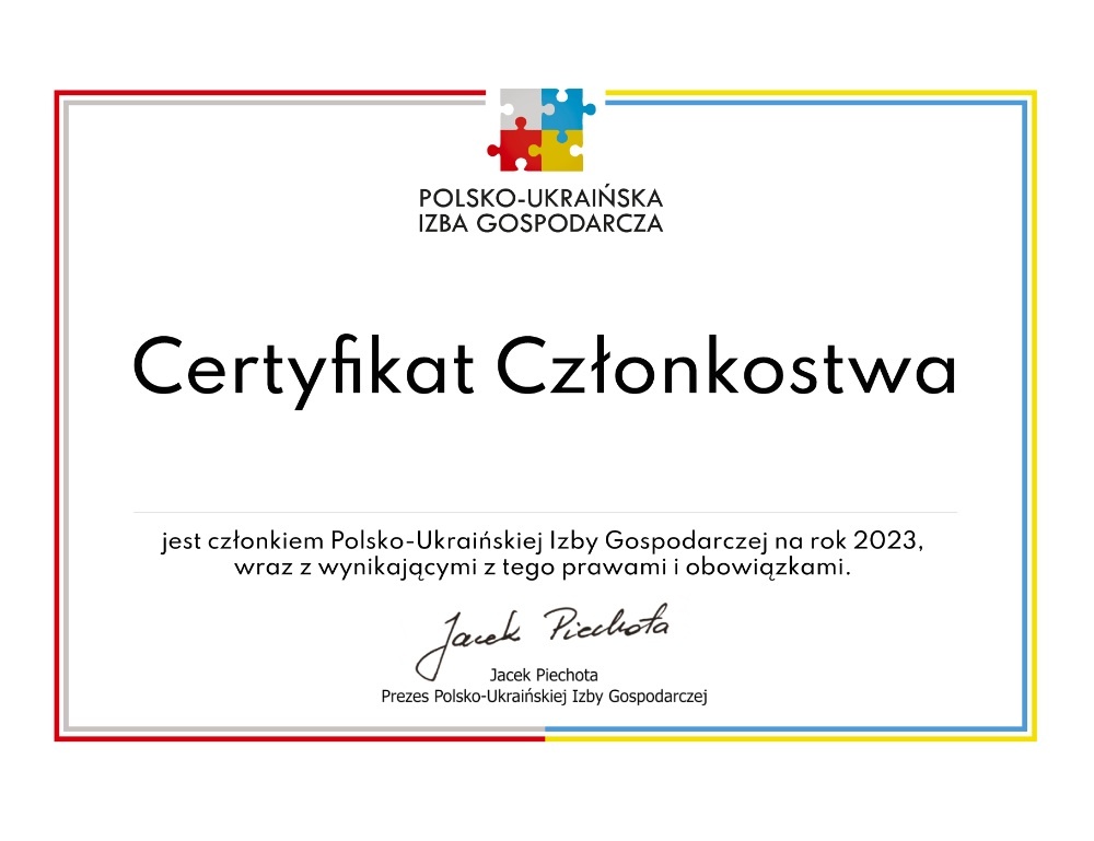 Certyfikat Członkostwa w Polsko-Ukraińskiej Izbie Gospodarczej 2023.